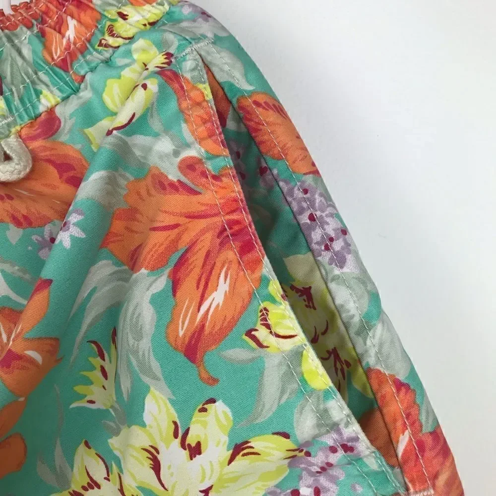 Polo Ralph Lauren Teal and Orange Hibiscus Tropical Print Swim Trunks